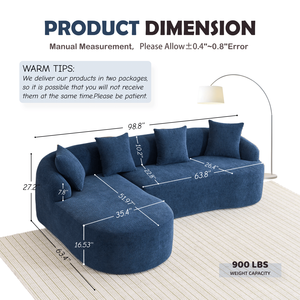 Divano Sezionale Modulare a L in Ciniglia Blu con Chaise Longue Curva, Spugna a Compressione ad Alta Densità 30D, Nessun Montaggio Richiesto, per Soggiorno - Product Image 2