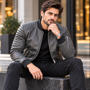 Blouson bomber texturé gris pour homme avec manches matelassées, blouson de motard avec poches zippées pour un look streetwear moderne - Product Image 6