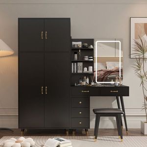 Large Makeup Vanity Table Armoire Wardrobe Set LED Mirror Dressing Table with Power Outlets 5 Drawers 4 Door Bedroom Accessory - Product Image 1