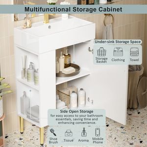 Mobile bagno bianco da 21,6 pollici con lavabo singolo in ceramica, mobiletto e vano portaoggetti laterale sinistro - Set mobiletto singolo - Product Image 5