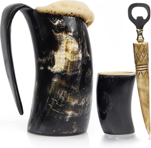 Handcrafted Vikings Horn Mugs For Beer Viking Drinking Coffe Mug Ox Horn Mugs For Men 3 pcs Set Horn Mug Shot Glass Opener - Product Image 1