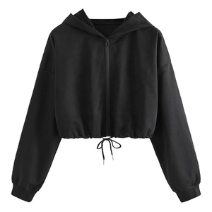 Latest Unique Design <b>Women</b> Black Zip Up Cropped <b>Hoodie</b> Long Sleeve Drop Shoulder Hooded Sweatshirt Drawstring Hem Solid Jacket - Product Image 4