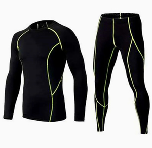 Men's Black <b>Long</b> Sleeve Rash Guard Set With Neon Green <b>Stitching</b> Quick Dry Compression Wear Full Coverage Sport <b>Kit</b> - Product Image 4