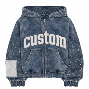 Sudadera con capucha y cremallera personalizada para hombre, estilo oversize, de algodón lavado a la piedra, felpa francesa, diseño de estrellas con pedrería, estilo otoñal - Product Image 6