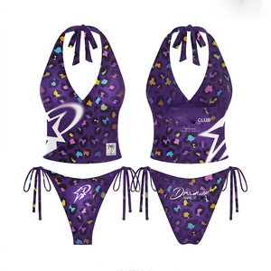Women bathing suit 220GSM nylon spandex stretch fabric navy blue pink graphic print halter tie <b>bikini</b> <b>set</b> women for Bathing Suit - Product Image 2