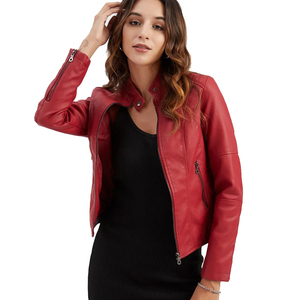 Veste moto en cuir PU rouge pour femme, manches longues, fermeture éclair, col montant, style automne, couleur unie, longueur normale - Product Image 2