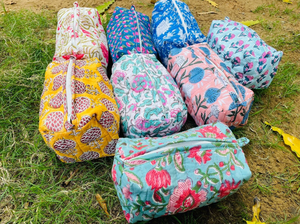 Striped Floral Cotton Cosmetic Bag Set With Zipper Closure Vintage Style Multi-Function <b>Makeup</b> Organizer Small Size Toiletry bag - Product Image 2
