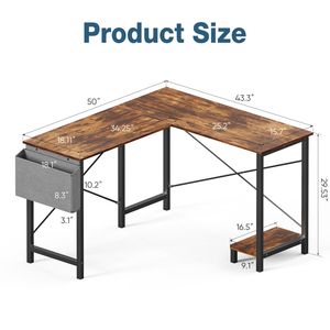 Bureau d'angle en L de 50 pouces avec support pour ordinateur, étagère, pliable et portable pour le bureau à domicile - Product Image 2