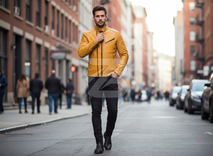 Chaqueta de cuero genuino para hombre Zarina Wear, color amarillo mostaza, estilo motero, con cuello alto y cremallera, OEM. - Product Image 6