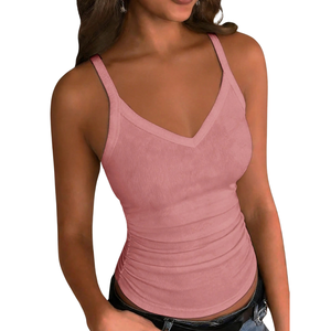 Women's <b>Vintage</b> Ribbed V-Neck <b>Tank</b> <b>Top</b> Sleeveless Slim Fit Breathable Quick Dry 100% Polyester Summer Casual Wear - Product Image 1