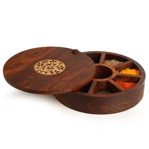 Boîte à épices en bois durable avec couvercle, compartiments et cuillère, faite à la main, naturelle, qualité alimentaire, résistante au four - Craft Emporium Exports - Product Image 1