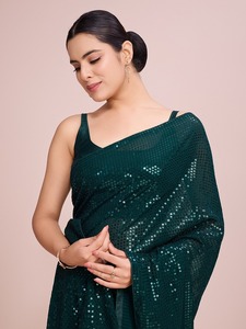 Ensemble Palazzo Fabzone vert à sequins en polyester, tenue de performance asymétrique à une épaule pour événements scéniques avec détection par aiguille - Product Image 1