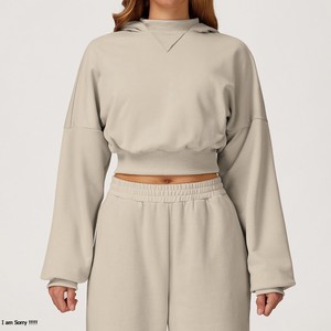 Ensemble sweat-shirt court à capuche et pantalon large pour femme, écoresponsable, couleur unie, coupe ample, manches longues, taille élastique, léger - Product Image 3