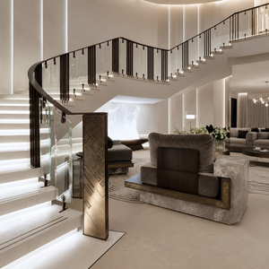 Rampe d'escalier en verre courbé illuminée, design moderne de luxe pour hall de villa, avec marches LED et main courante en métal - Product Image 3