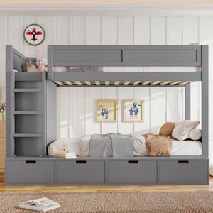 Letto a Castello in Legno Massello con 4 Cassetti Contenitore, Sponde di Sicurezza a Tutta Lunghezza, Armadio Integrato per Bambini, Senza Box S - Product Image 4