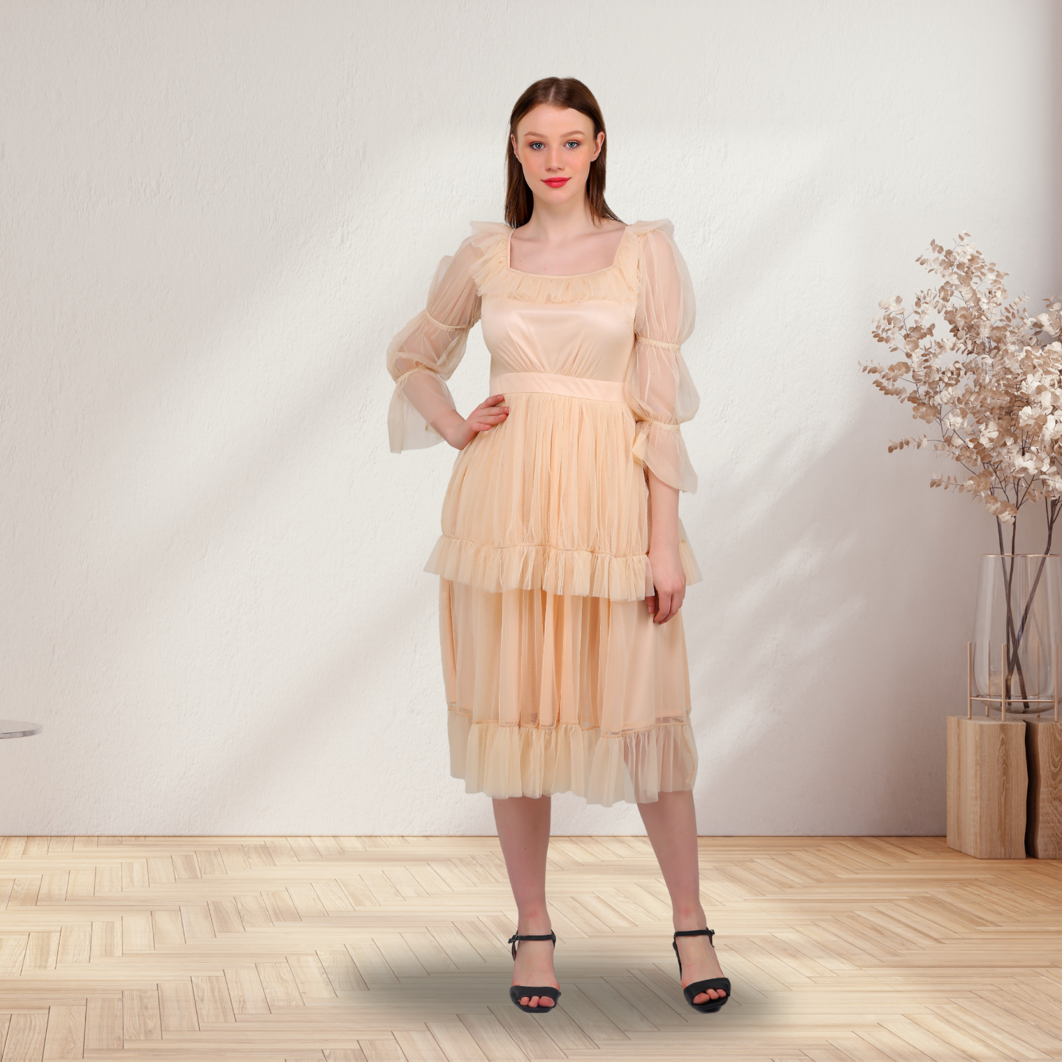 Peach Layered Tulle Handmade Ruffles Ruched Vintage Square Neck Puff  Sleeves Elegant Midi Dress Comfortable for Women Party| Alibaba.com