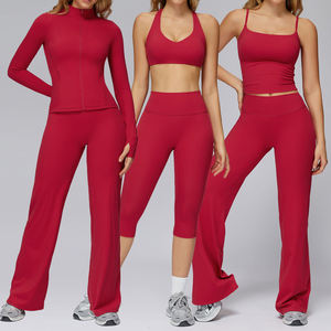 <b>Burgundy</b> High Waist Yoga Set 2 Piece Seamless Full Sleeve Crop <b>Top</b> Leggings With Zipper Closure Breathable Spandex Polyester - Product Image 6