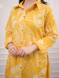 <b>Women</b> Digital Print Yellow Cotton Traditional <b>Kurta</b> Trousers Set Regular Fit Knee-Length Casual Wear Quick Dry India Pakistan - Product Image 5