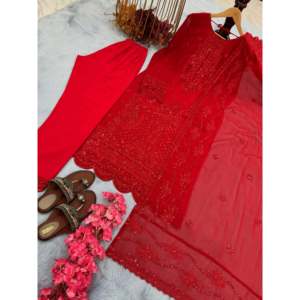 Conjunto de ropa de fiesta Georgette de imitación pesada para mujer de diseñador con parte inferior elegante y parte superior e inferior de aspecto elegante Dupatta - Product Image 2