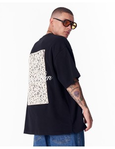 T-shirt noir surdimensionné pour homme avec appliqué en dentelle, style streetwear, manches courtes, col rond, jersey de coton - Product Image 5