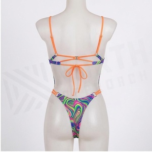 Women's One Piece Swimsuit Deep V Neck Halter Lace Up Print Stretch Bodysuit With Drawstring Design - Product Image 4