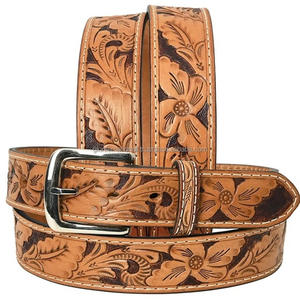 Vintage Floral Engraved vegetable <b>tanned</b> western <b>leather</b> hand tooloing <b>belt</b> with designer antique brass buckle set - Product Image 4