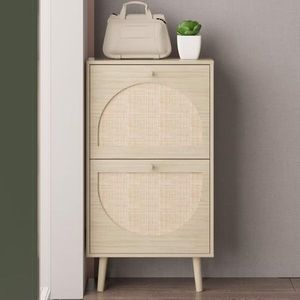 Mobiletto Portascarpe Moderno in MDF a 2 Cassetti con Ripiano in Rattan Regolabile, Organizzatore Salvaspazio per la Casa - Product Image 1