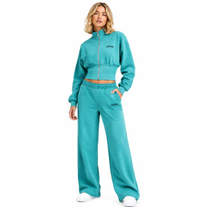 Conjunto de chándal de forro polar grueso para mujer, color verde azulado, con chaqueta corta con cuello alto y cremallera, y pantalón de pierna ancha, ropa deportiva personalizada al por mayor, ¡superventas! - Product Image 1