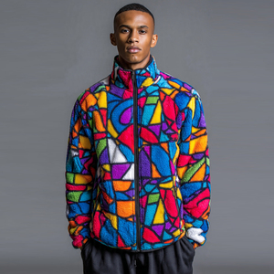 Men's Winter Sherpa <b>Lined</b> Stand Collar Oversize Zipper Fleece <b>Jacket</b> Sublimation Printing Eco-Friendly Breathable Streetwear - Product Image 4