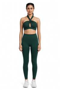 Ensemble de yoga 2 pièces : Soutien-gorge de sport dos nageur à col en V et devant croisé torsadé, Legging taille haute côtelé en Spandex/Nylon thermique - Product Image 5