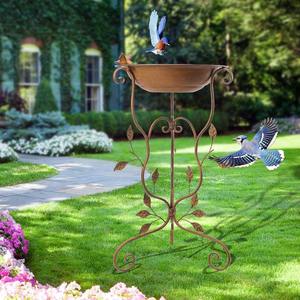 Fuente de Agua para Pájaros de Metal Cobre Antiguo para Jardín Exterior, Pedestal Resistente a la Intemperie, Cuenco Decorativo con Hojas y Mariposas - Product Image 1