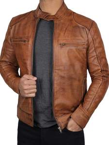 Arrival Unisex Design Color Block <b>Men</b> Genuine Leather Jacket Custom High Quality Vintage Style Hooded Woven Front Logo Wholesale - Product Image 5