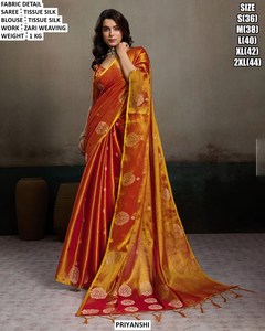 PRIYANSHI Tissue Silk Saree Zari Weaving Pink Yellow <b>Blouse</b> for Women Wedding Wear Regular Fit Floor Length Wrinkle-Free - Product Image 4