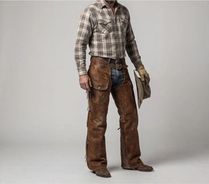 Pantalones de montar de cuero genuino para hombre, estilo western, de talle alto, ajuste regular, con flecos, cierre de hebilla y bolsillo estándar. - Product Image 1