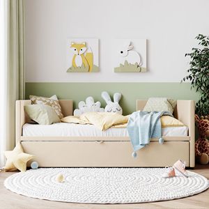 Divano letto imbottito beige a una piazza e mezza con letto estraibile a scomparsa - Product Image 2