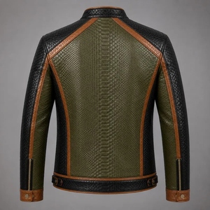 Chaqueta de Cuero Genuino para Hombre, Estilo Café Racer, Textura de Piel de Serpiente, Color Verde Oliva, Negro, Marrón - Product Image 3