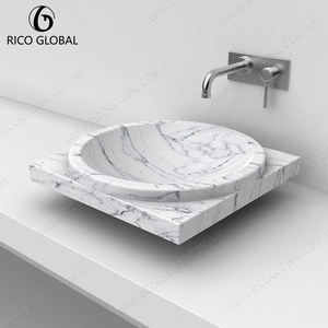 Lavabo de Mármol Redondo Pulido Blanco con Vetas Negras, Lavabo de Baño de Montaje Superior, Diseño Minimalista - Product Image 5
