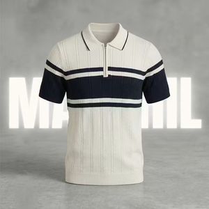 Camisa de punto trenzado con bloques de color y media cremallera para hombre |   Camiseta de Punto de Manga Corta, Secado Rápido, Color Blanco Marino |   Bordado 100% Algodón Personalizado - Product Image 3