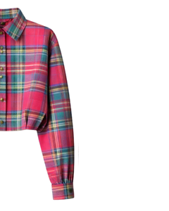 Chemise courte pour femme à carreaux roses personnalisée, col rabattu, manches longues, boutonnée, style décontracté, fabricant OEM - Product Image 4