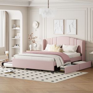 <b>Queen</b> Size Upholstered Platform Bed with Wingback <b>Headboard</b> & Twin Trundle 2 Drawers Linen Fabric No Box Spring Needed - Product Image 2
