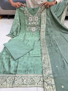 Designer Elegant Malai Glass <b>Tissue</b> With Kanjivaram Hand Work Jacquard Weaving Top And Pant With Duppta Ready To Wear Set - Product Image 5