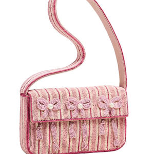 Sac à main artisanal rose à rayures brodées avec détails nœuds et pompons, forme rectangulaire, sac bandoulière en textile - Product Image 1