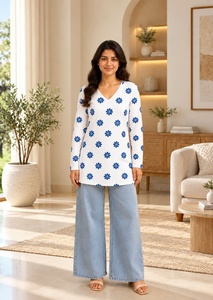 <b>V</b>-<b>Neck</b> Floral Print <b>Long</b> <b>Sleeve</b> <b>Top</b> White Blue Embroidered Cotton Casual Loose Fit Asymmetrical Hem Women's Daily Wear - Product Image 4