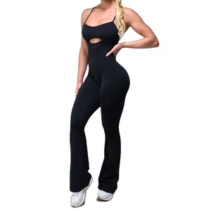 Women High Waist Full Length Yoga <b>Jumpsuit</b> Flared Leg Seamless Crisscross Straps Cut-Out Solid Color Spandex Polyester 1 Piece - Product Image 4