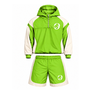 Mens Lime Green Colorblock Nylon <b>Hoodie</b> Shorts Set Quarter Zip Lightweight Athletic Sports <b>Running</b> Training Casual Outfit - Product Image 1