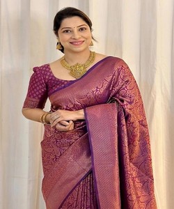 Sari de Seda Morado, Estilo Banarasi, con Patrón en el Borde, Largo hasta el Suelo, para Bodas Indias Tradicionales - Product Image 3