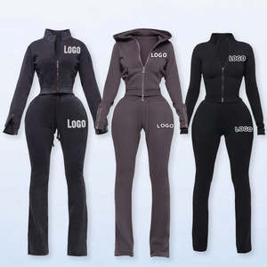 Ensemble de survêtement d'hiver pour femmes grande taille, couleur unie, sweat-shirt 100% coton avec pantalon de jogging deux pièces - Product Image 6