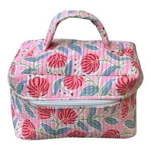 Floral Quilted Bohemian Cotton Fabric Cosmetic <b>Case</b> Medium Size Zipper Closure Soft Handle Reusable Lightweight Portable Makeup - Product Image 1