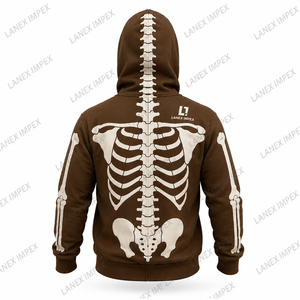 Custom Skeleton Zip Up Hoodie Men's Gothic Skull Bone Print Sweatshirt Halloween Costume <b>Jacket</b> Brown Streetwear Graphic Hoodie - Product Image 4