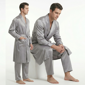 Ensemble de peignoirs en soie satinée pour homme, peignoir à manches longues, ensemble de pyjamas pour homme, vêtements de nuit décontractés en soie, pyjamas deux pièces pour homme - Product Image 5